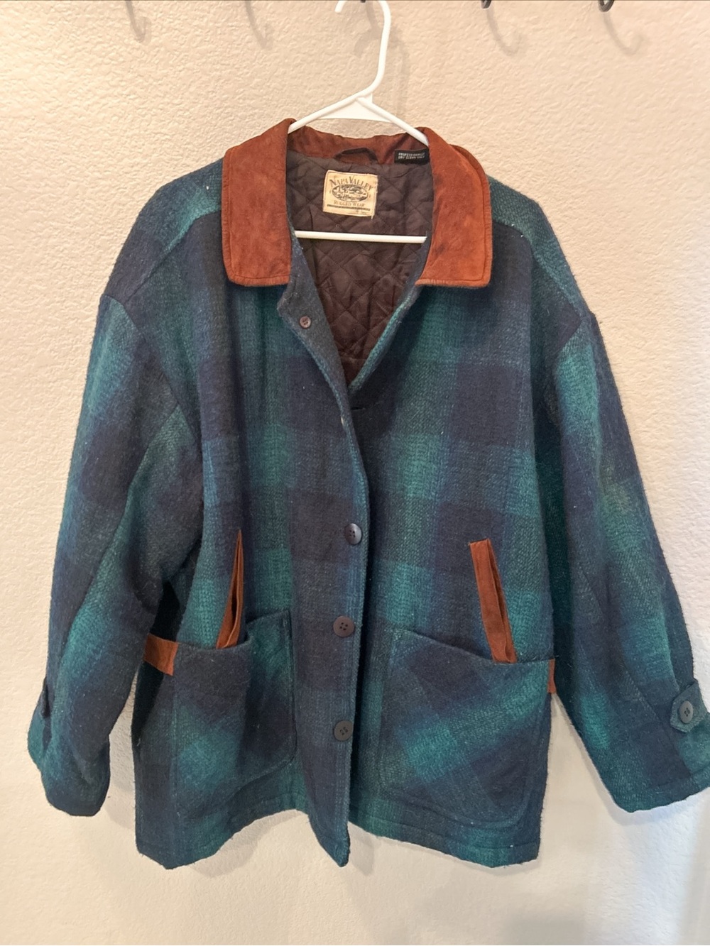 Napa Valley Men’s Plaid Wool Blend Barn Chore Jacket L Lined Leather Trim Button